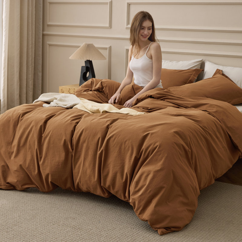 Bedsure 100% Washed Cotton Duvet Cover Queen Set - Minimalist Cotton Beding Set For All Season（set of 3）, Hazelnut Brown