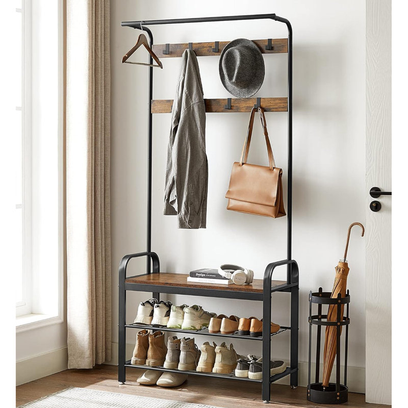 Rustic Brown and Black Hall Tree with Storage Bench