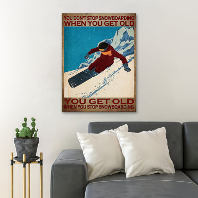 «Snowboarding On Snow - You Don’St Stop Snowboarding…», toile tendue avec châssis - Illustration sport, décor de salon bleu et blanc