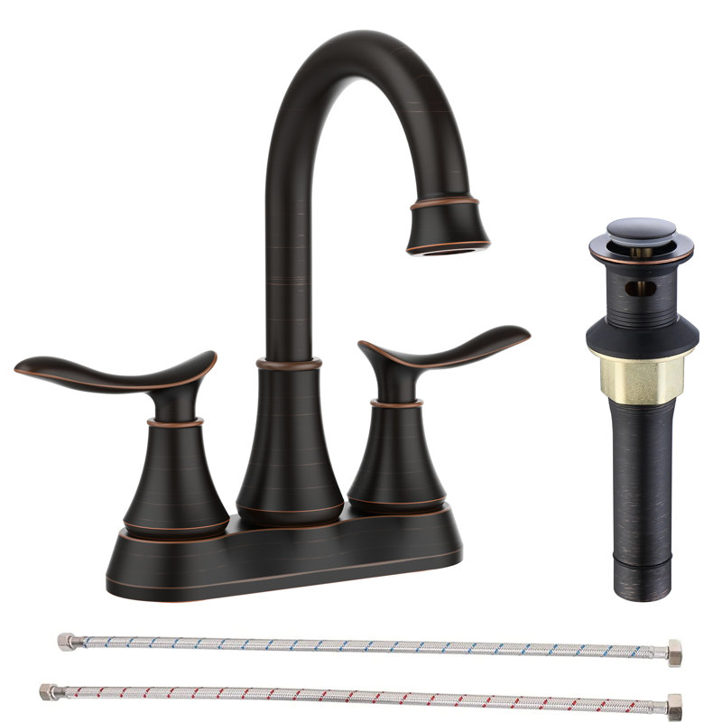Robinet de lavabo de salle de bain en bronze huilé de 4 pouces - Fonctionnement à deux poignées et drain escamotable inclus