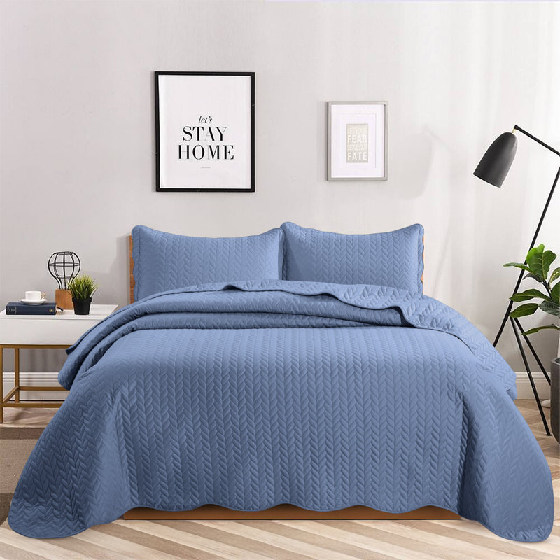Embossed Microfiber Bedspread Set For King  – Oversized, Soft & Dust-Resistant, 3-Piece, Washed Blue