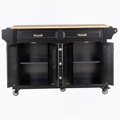 Kitchen Island With Rubber Wood Countertop, Kitchen Cart On 5 Wheels With Storage Cabinet