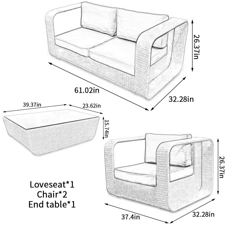 Ensemble de conversation d'extérieur pour 4 personnes avec coussins Trajen, Orange, Noir