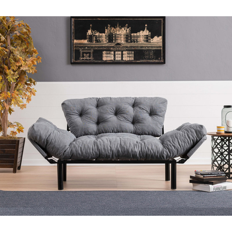 Élégant canapé-lit 2 places en tissu de microfibre gris de 61,0 x 27,6 x 27,6 pouces | Structure 100% métal, rembourrage en mousse à haute résistance, nettoyage facile | Capacité de poids maximale: 440 lb | Parfait pour les petits espaces, les décors bohémiens et industriels