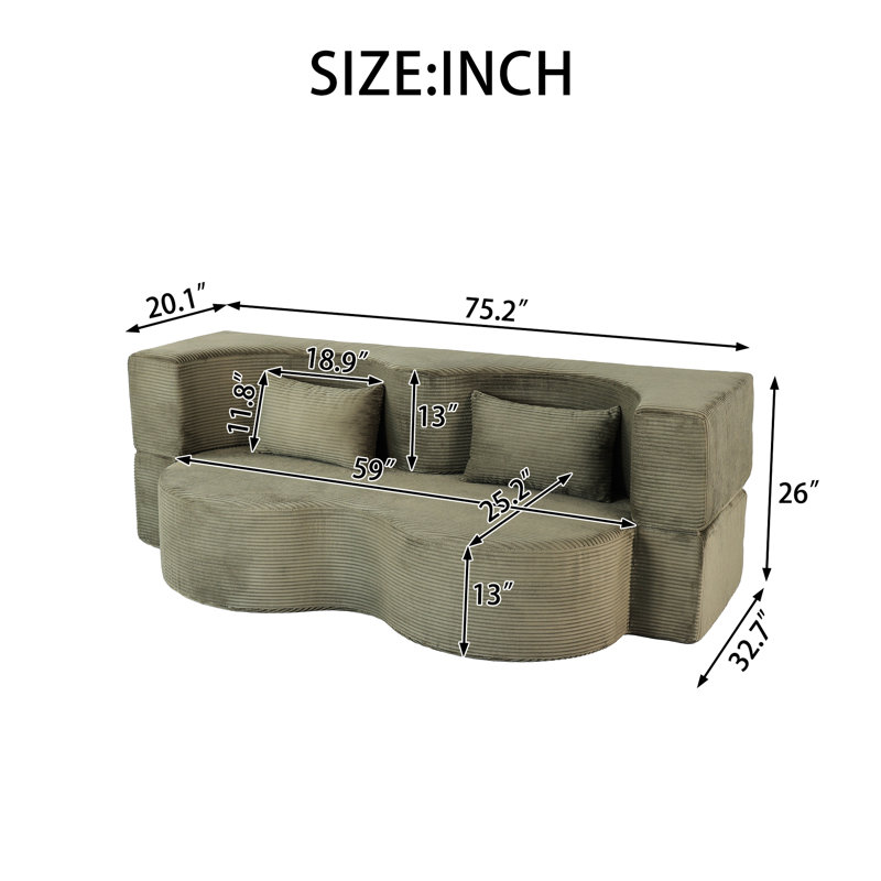 21 lits convertibles pliables, couchette désossée de 75 pouces, rembourrée de mousse à mémoire de forme, 3 sièges avec 2 coussins pour le salon
