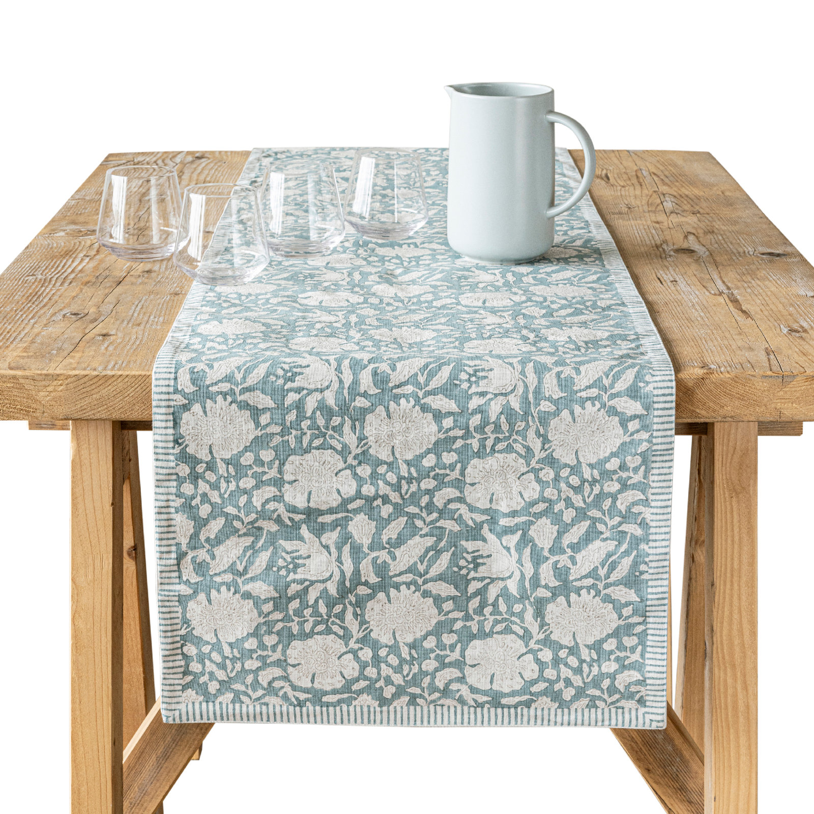 over&back Hand-Blocked Table Runner, 18" W x 108" L, Blue Floral