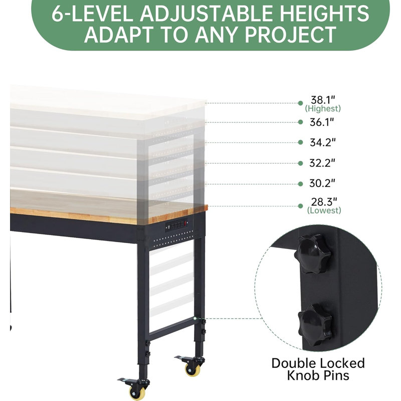 Établi robuste et réglable, table de travail en bois d'hévéa avec capacité de charge de 2000 lb avec prise de courant en panneau perforé et roues verrouillables pour le garage, l'atelier et le bureau