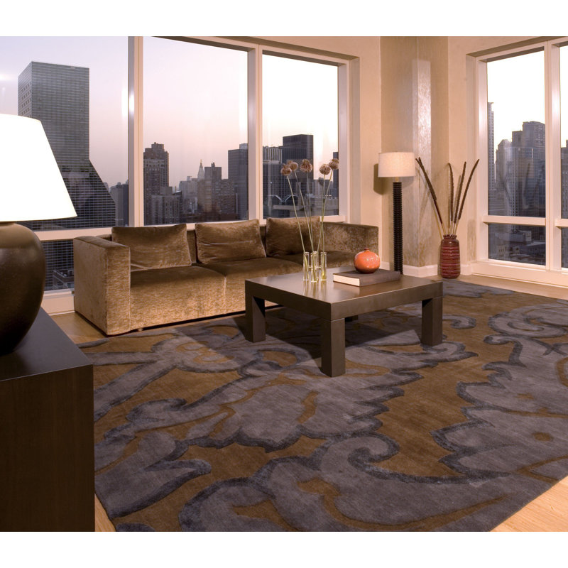 Implied Damask Area Rug in Blue/Brown, Rectangle 9' x 12'