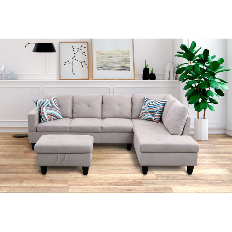 Stotfold Upholstered L-Shaped Sectional Right Hand Facing, White Gray Microfiber/Microsuede, Right Hand Facing