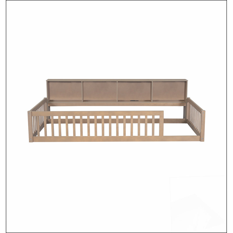 Lit simple en bois de taille très grand avec armoires de rangement spacieuses et ports USB pratiques, brun, Brun