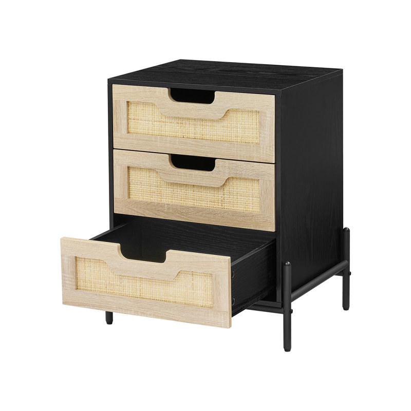 Rattan Nightstand with 3 Rattan/Wicker Drawers - 18.9" Compact Bedside Table, Metal-Footed Bedside Cabinet with Shelves