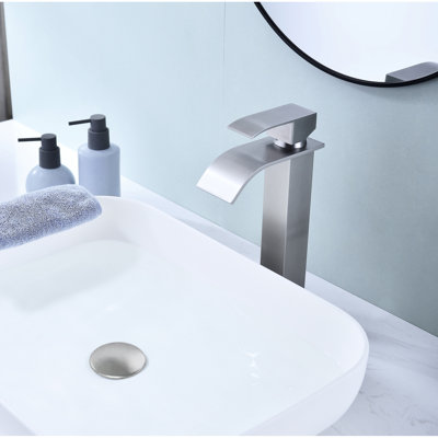 Single Handle Bathroom Faucet With Waterfall Spout And Pop - Up Drain, No Overflow, Brushed Nickel, Stainless Steel, Rust Treatment, Stable Water Flow, Simple Installation For Non Overflow Sinks Sink
