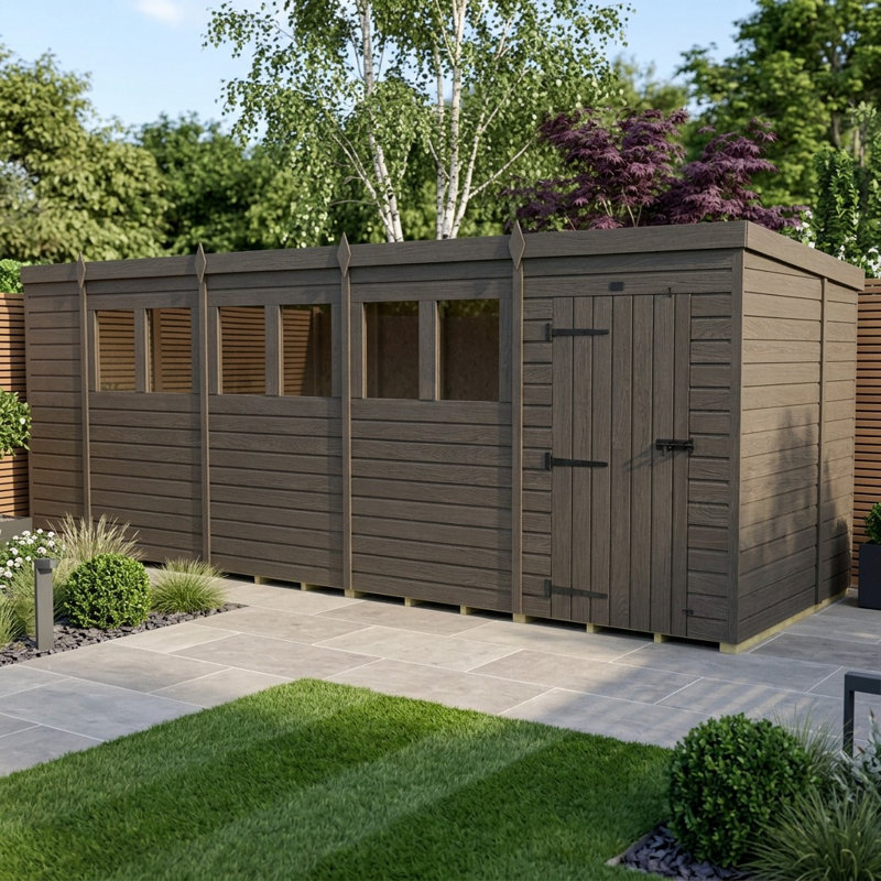 Total Sheds 18ft x 7ft Composite Pent Garden Shed - Single Door - With Windows - EPDM Rubber Roof - UK Manufactured