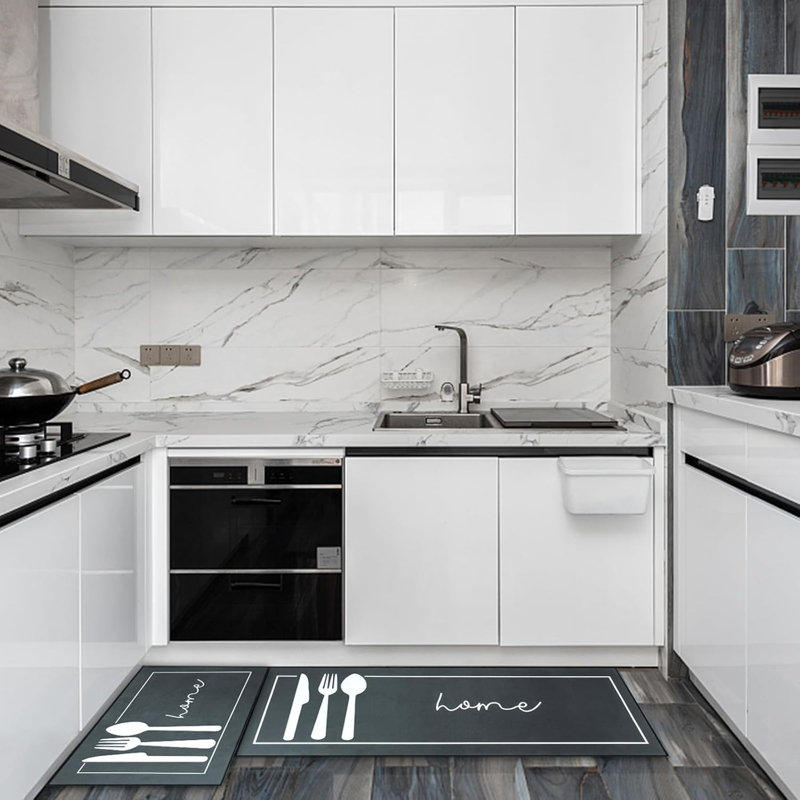 Abstract Anti-Fatigue Non-Skid Kitchen Mat, Grey, Rectangle 3'7" x 10'