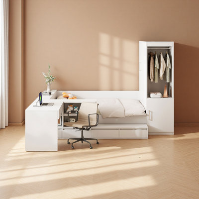 Full Size Wooden Platform Bed With 6 Drawers, Shelves, Desk And Wardrobe