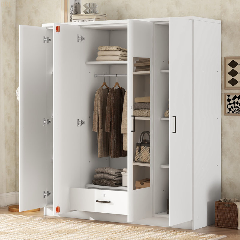 4-Door Mirror Wardrobe With Shelves, White