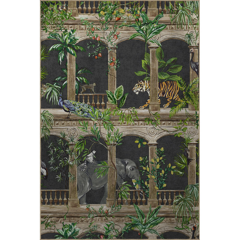 Multi-Coloured Zoo Concept Tiger, Elephant, and Vine Patterned Modern Decorative Rug, Runner 3'11" x 9'10"