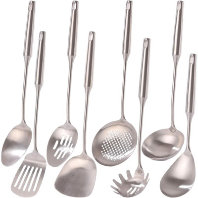 Professional 8-Piece Stainless Steel Kitchen Utensil Set - 15-Inch All Metal Cooking Tools With Solid Spoon, Slotted Spoon, Spatula, Ladle, Skimmer, T