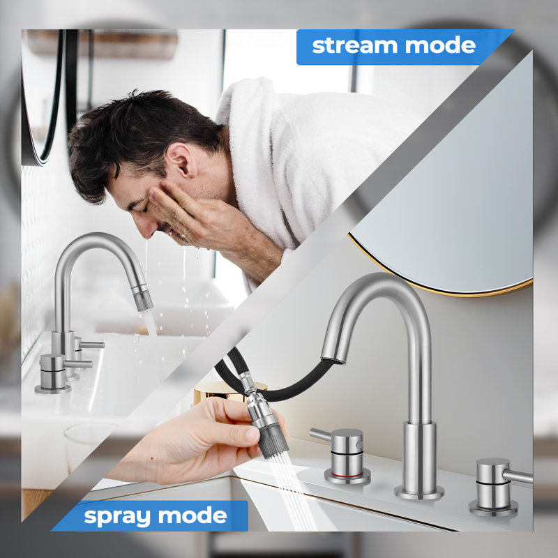 Widespread 2-function Bathroom Faucet with Pull Down Sprayer, with Drain Assembly, Brushed Nickel