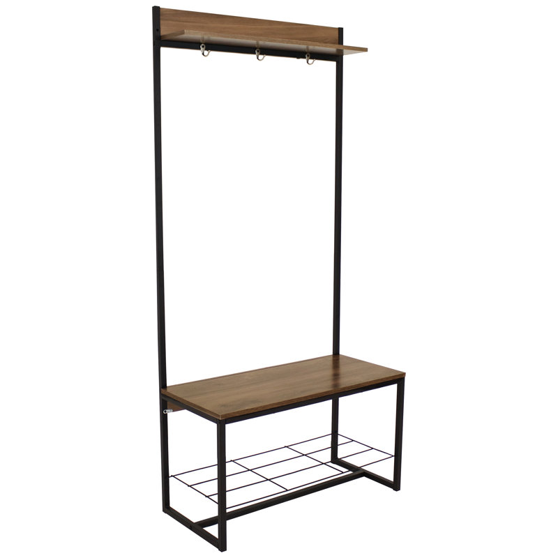 Industrial Freestanding Hall Tree with a 3-Hook Coat Rack and Shoe Bench
