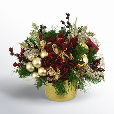 Woodside Holiday Arrangement with Hydrangeas, Ornaments and Berries