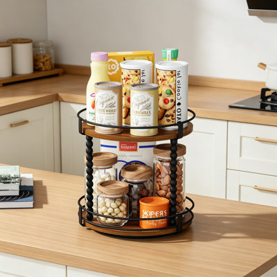 Lazy Susan Turntable Organizer, 11.2 Inch 2 Tier Rotating Spice Rack For Cabinet, Wooden Spinning Storage Shelf For Kitchen Countertop, Pantry, Bathroom, And Table Top