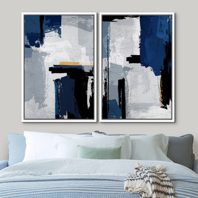 Formes abstraites géométriques géométriques bleues et grises de peinture d'art moderne Zen, 2 pièces
