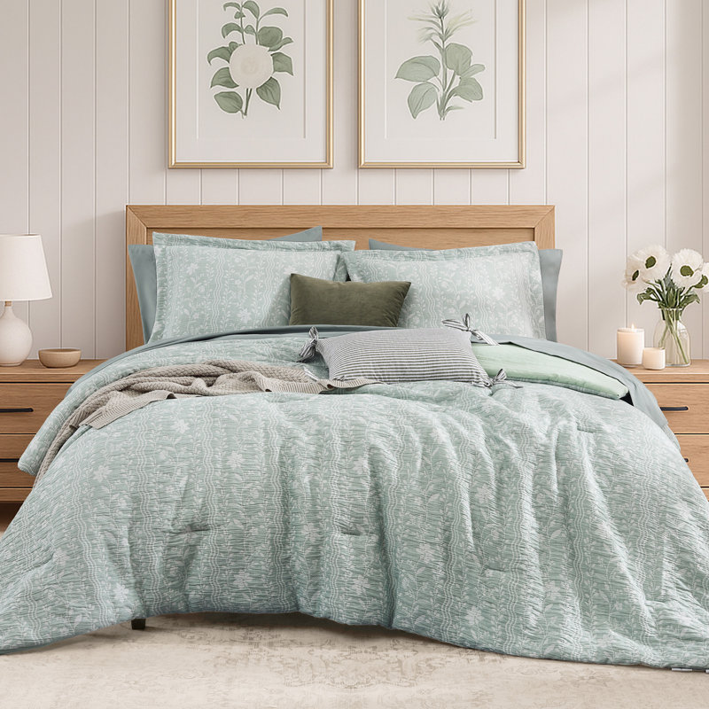 Comforter Set - 7 Pieces Pink Floral Bedding Sets for All Seasons, Farmhouse Bed in a Bag Queen with Wildflowers Fluffy Comforter, Sheets, Pillowcases & Shams