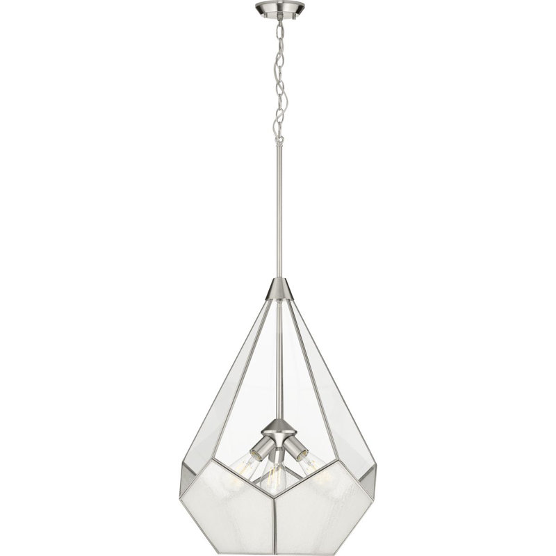 Luminaire suspendu géométrique unique à 3 lumières Tiedeman, Nickel brossé, Grainé transparent