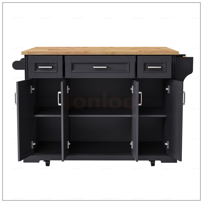 Large Kitchen Island With Rubber Wood Drop Leaf, Embossed Texture, And Ample Storage On Wheels For Modern Kitchens, Black