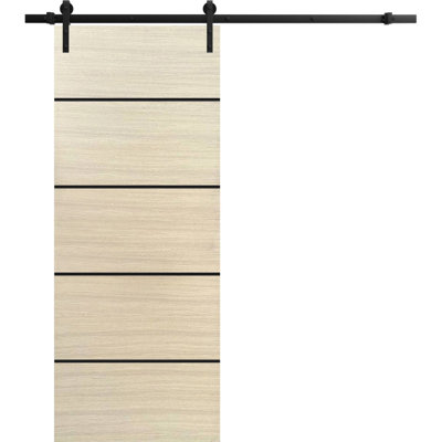 Porte coulissante de style grange avec quincaillerie Planum 0015, placage naturel, supports de rail de 2 m (6,6 pi), ensemble robuste, portes intérieures modernes à panneaux pleins - 76 cm x 203 cm (30 po x 80 po) - Rail noir