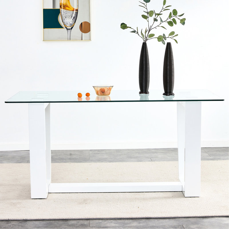 Table de salle à manger attrayante en verre avec plateau trempé de 0,4 po et support blanc pour une belle pièce, réunion de famille élégante, fêtes, cuisine