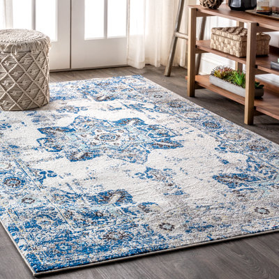 Lathem Modern Persian Boho Vintage Medallion Ivory/Blue Rug