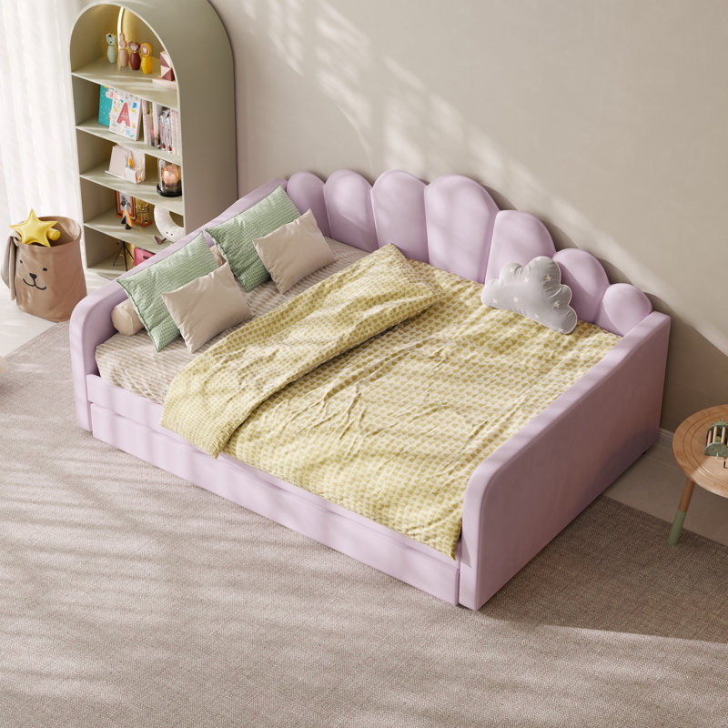 Grand lit de jour en bois avec couchette et lattes, Pink