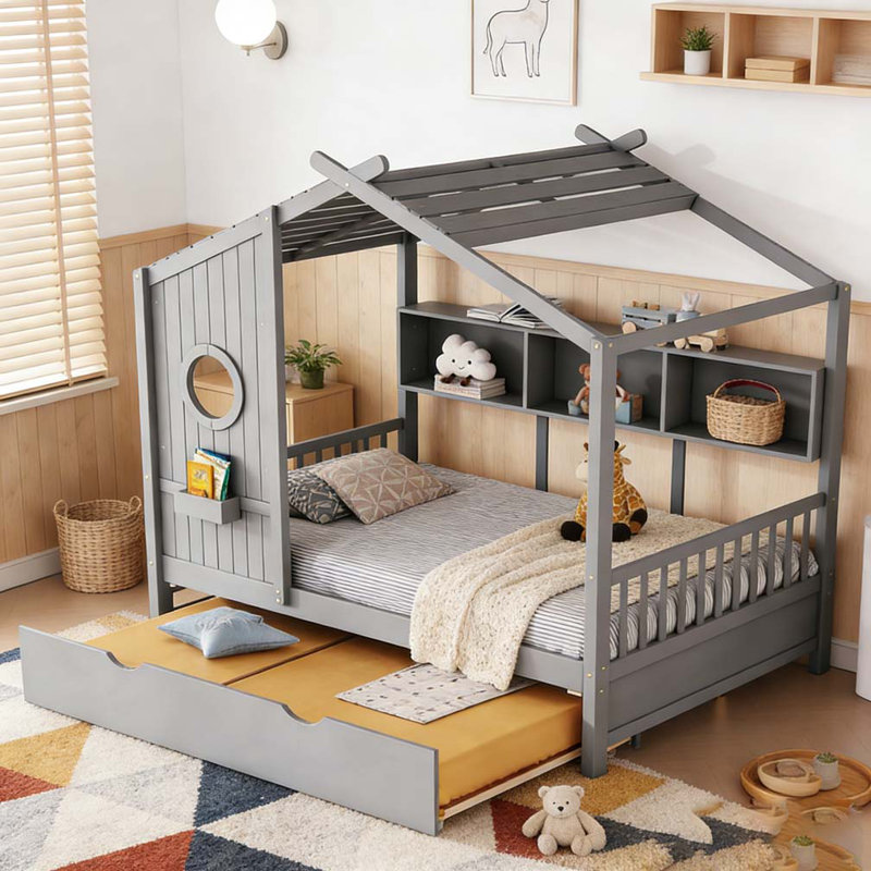 Lit en bois avec couchette, Lit double, Gris