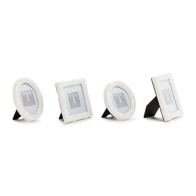 Ensemble de 4 cadres photo en résine imitation bambou brillant, 11,4 cm de hauteur, formes ronde, ovale, carrée, rectangulaire et verticale.