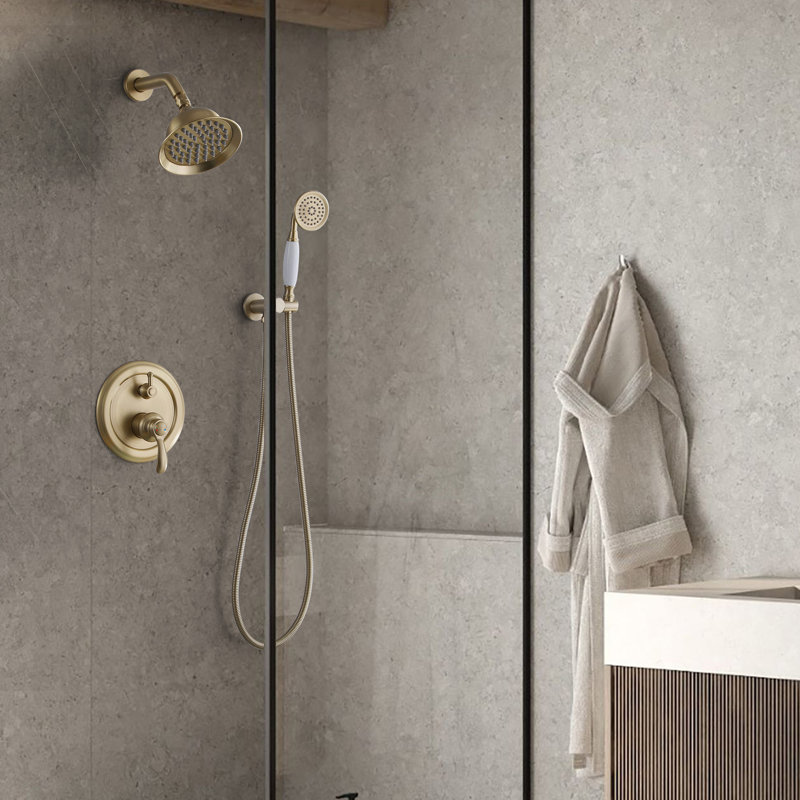 Bathroom Complete Shower System with Rough-In Valve with Rain Showerhead, Brushed Gold