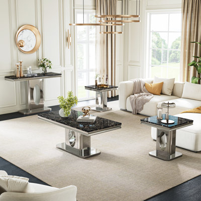 4-Piece Marble Living Room Table Set With Coffee Table, 2 End Tables & Rectangular Console, Faux Marble Top With Mirrored Stainless Steel Oval Base