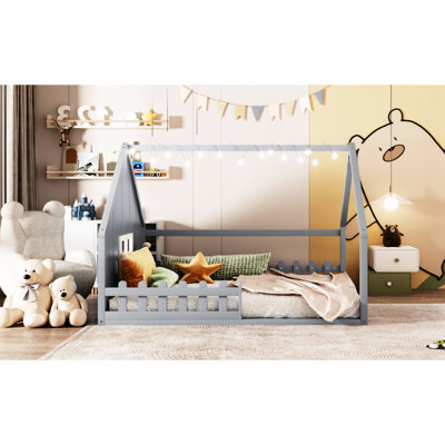 Full Size Wood House Bed In Gray - Construction With Pine & , Fence Window, Led , No Box Spring For A Serene Bedroom Area Size Solid And Fenced Relaxing Space