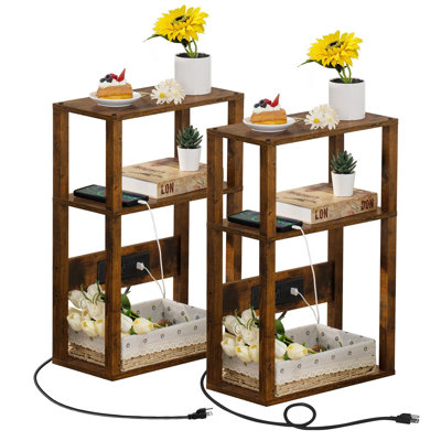 Ensemble de 2 petites tables d'appoint en bois à 3 niveaux avec station de charge - Table de chevet pour petits espaces, table de chevet mince avec ports USB et prises