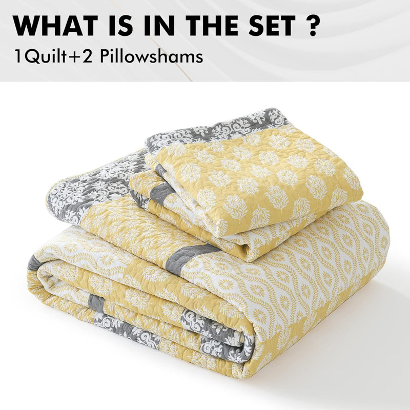 King Size White and Yellow Cotton Reversible Quilt Set