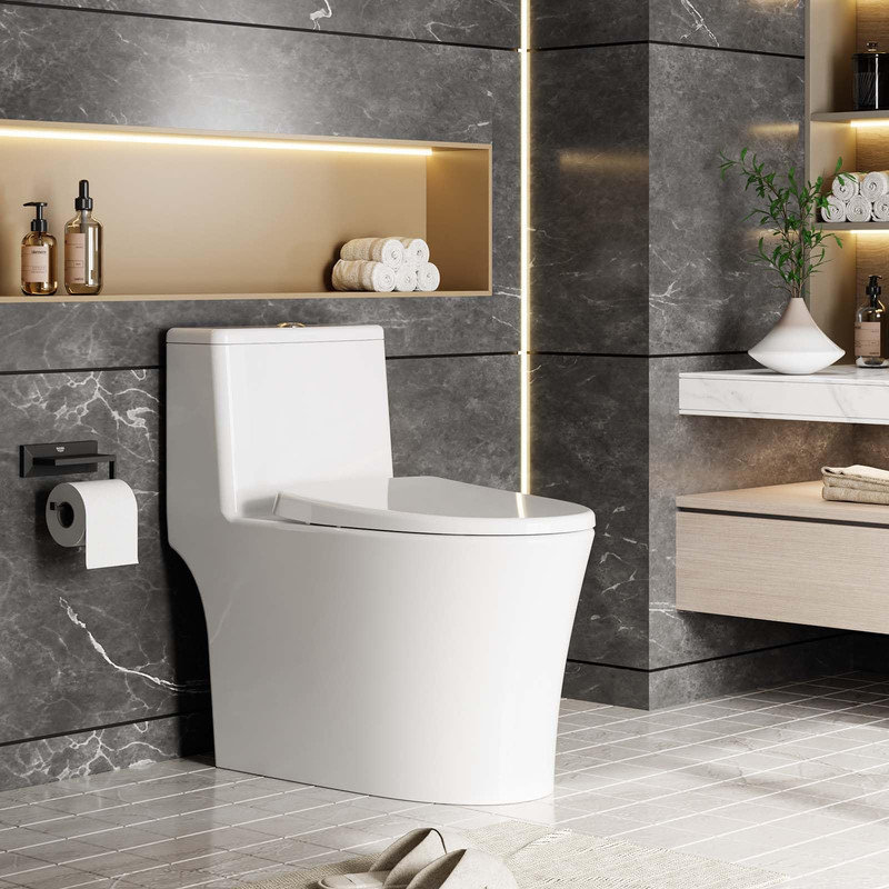 One-piece Elongated Toilet, 1.28 GPF, Comfort Height, Soft Close Seat, Water-Saving
