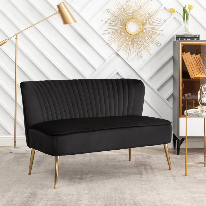 Delmon Velvet Loveseat with Gold Chrome Legs, Black Velvet