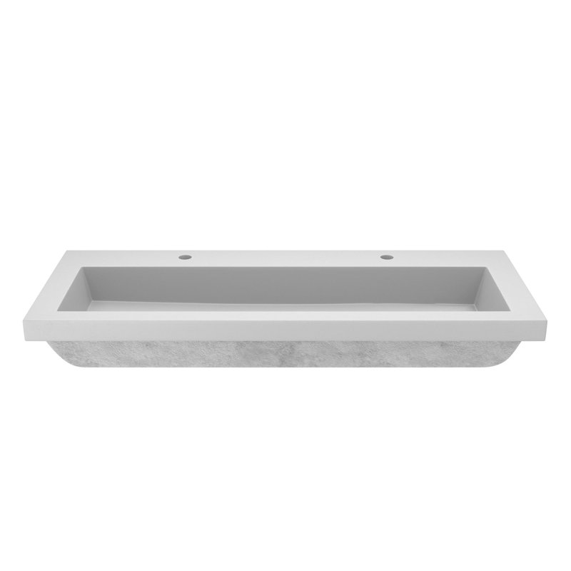 Trough Concrete Handmade Rectangular Drop-in Bathroom Sink, Pearl, Two Holes Faucet