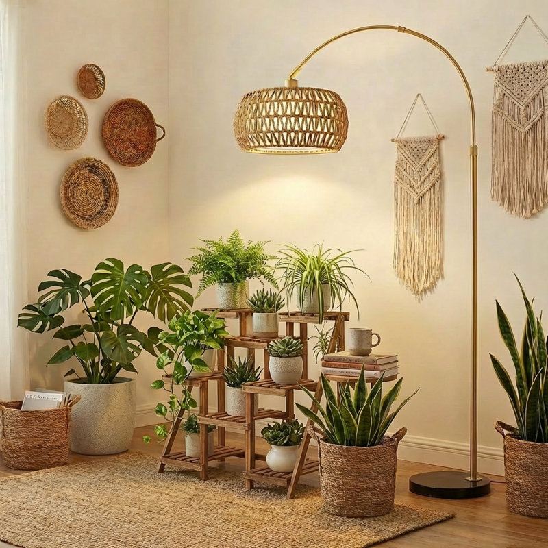 Gold Arc Floor Lamp With Remote & Dimmable Bulb, Boho Rattan Standing Lamp With 3 Color Temperatures, Height Adjustable Tall Lamp For Living Room Bedroom Over Couch Reading