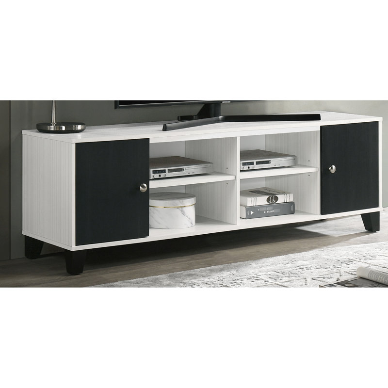 Meuble télé moderne avec finition blanche, détails noirs, tablettes ouvertes et rangement dissimulé, longs compartiments de divertissement contemporains de 63,7 po de hauteur, hauteur de 20,1 po