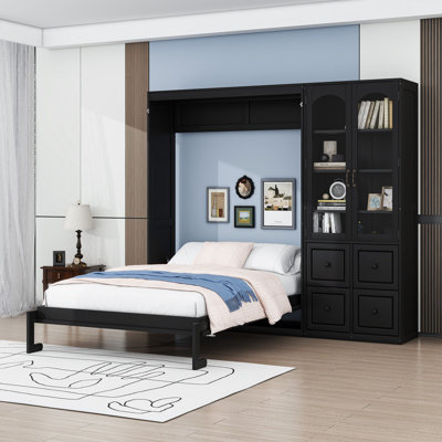 Grand lit escamotable avec armoire de rangement réversible peu encombrante et portes et tiroirs modernes en acrylique