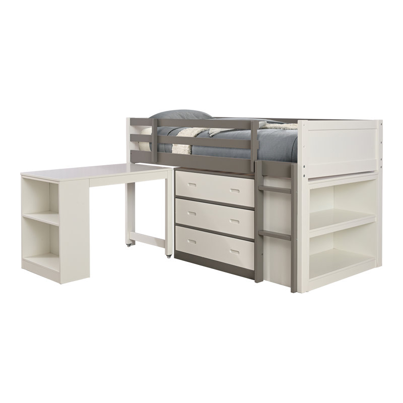 Lit mezzanine simple Edella avec armoire à 3 tiroirs et bureau gigogne