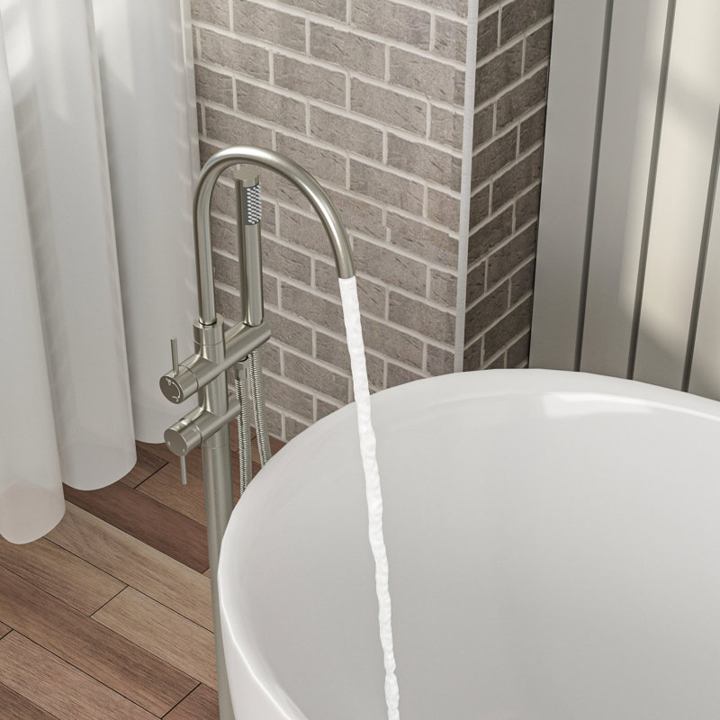 Robinet de baignoire autoportant à fixation au sol en nickel brossé, commande à deux poignées, robinet de baignoire en acier inoxydable Kink, jet d'eau douce, douche à main à jets multiples