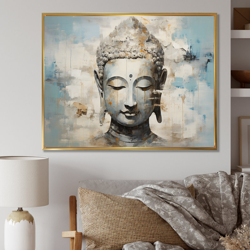 Simple Bouddhism Statue III - Bouddhisme, art mural, H 34 po x l 44 po x P 1,5 po, Cadre flottant doré